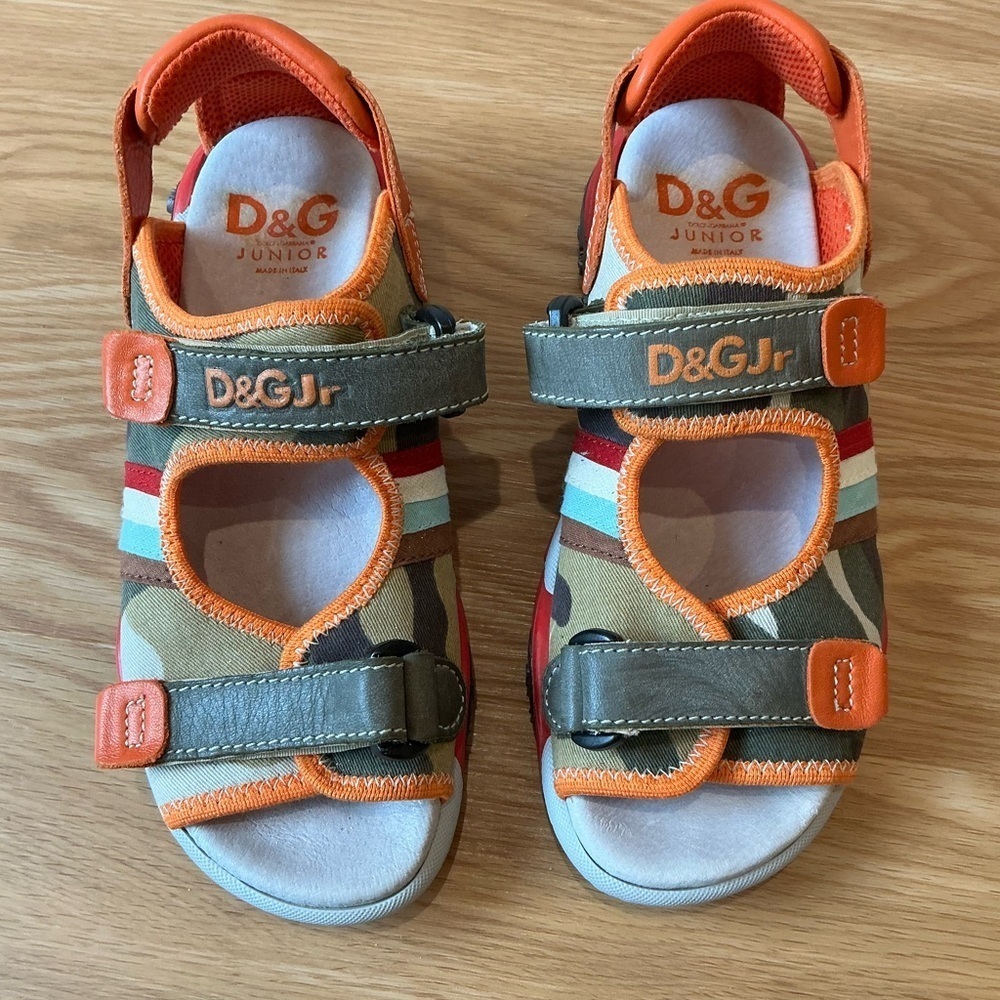 D&G Junior Sandals Camouflage Stripe Print Orange and Green Size 36 - Picture 2 of 11